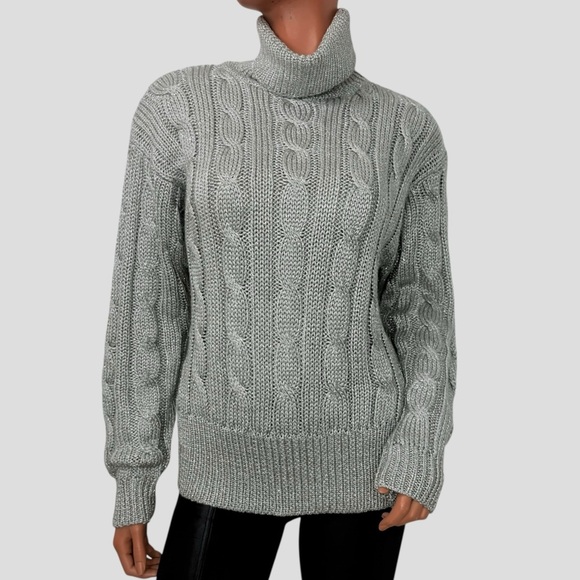 Liz Claiborne Sweaters - 90s Liz Claiborne Women’s M Metallic Cable Knit Turtleneck Sweater Silver Gray